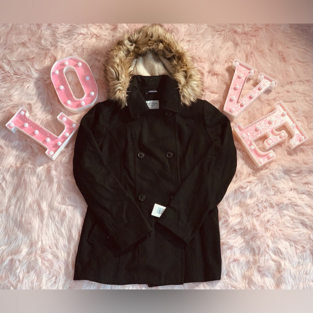 Nautica Black Pea Coat with Faux Fur Hood